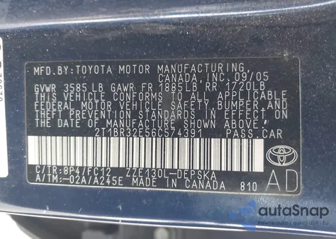 2006 Toyota Corolla S из США, поврежденный, VIN 2T1BR32E56C574391